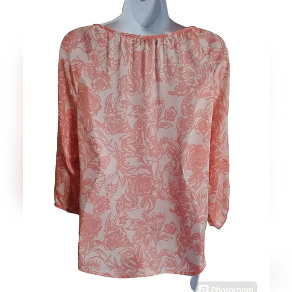Ann Taylor LOFT Small Peach White Floral Semi Sheer Boho Prairie Cottage Blouse - Picture 3 of 7